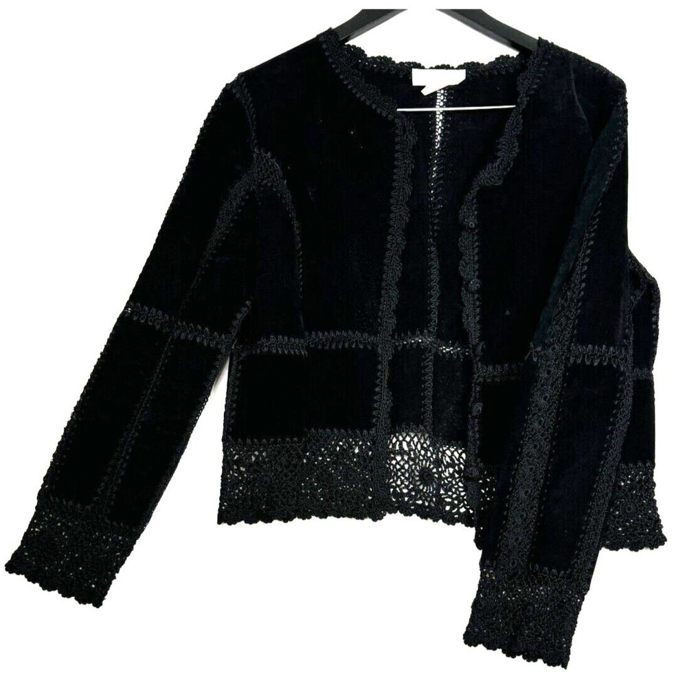 S.M.H. Boutique Vintage Black Leather Jacket Rayon Crochet Trim Southwestern M
